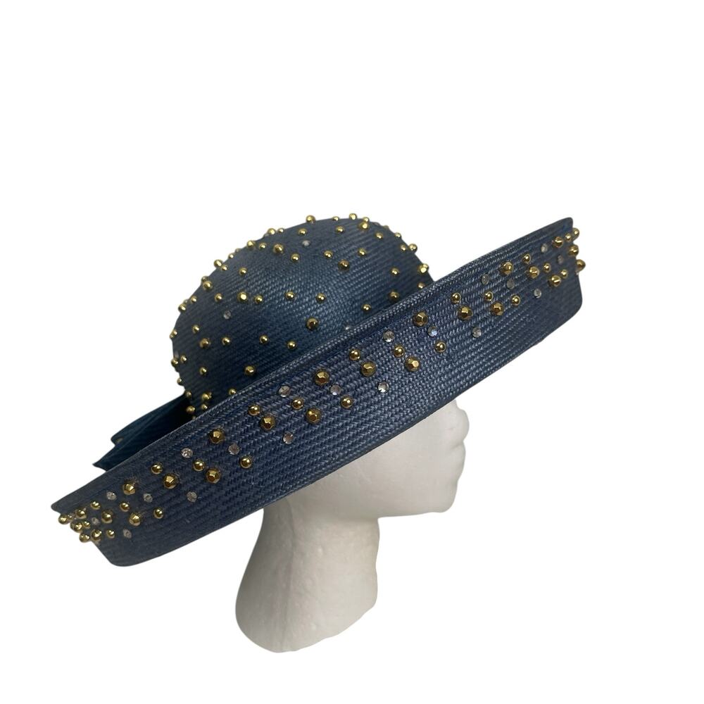 Vintage Jack McConell Boutique Blue Studded Straw Sun Church Derby HAt - Picture 6 of 10